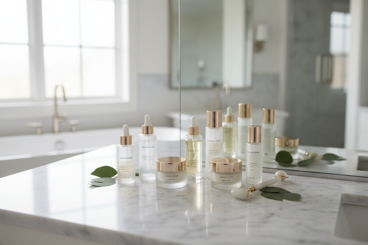 countertop with skincare lying on it